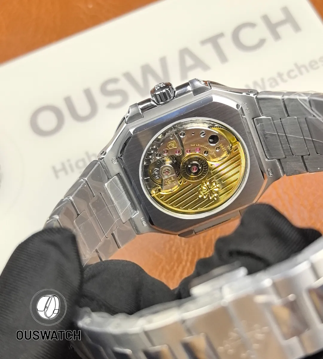 Back case of Patek Philippe Cubitus 5821/1a luxury watch displaying detailed finishing.