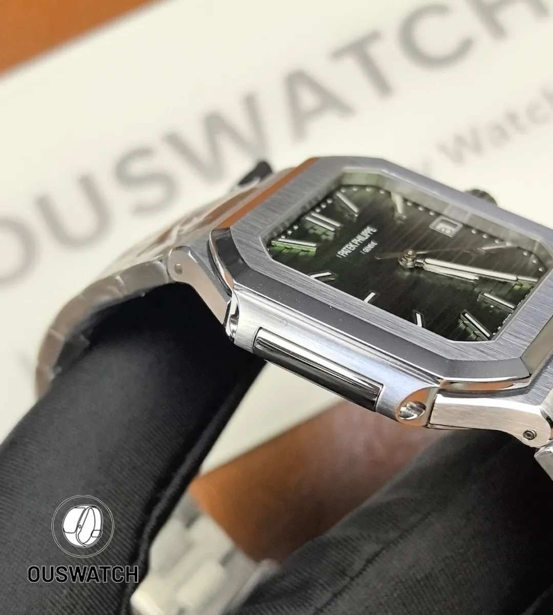 Side case view of Patek Philippe Cubitus 5821/1a showing satin-finish craftsmanship.