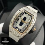 Replica iced out Richard Mille RM 07‑01 shown at a 45‑degree angle, illustrating the diamond‑encrusted case and refined Super Clone look.