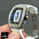 Replica Richard Mille RM 07‑01 showcasing the iced out diamond case paired with a black onyx dial