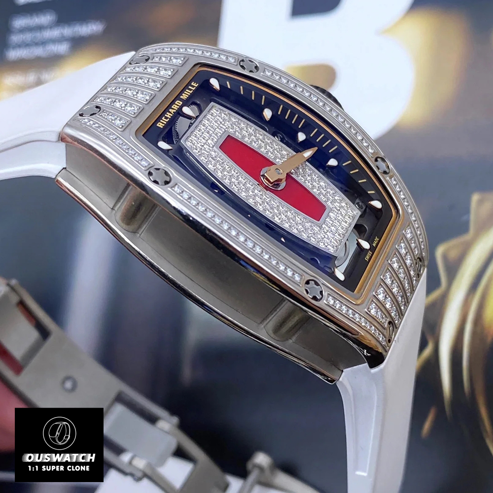 Side view of the Richard Mille Iced Out Replica, highlighting the refined case craftsmanship and attention to detail.
