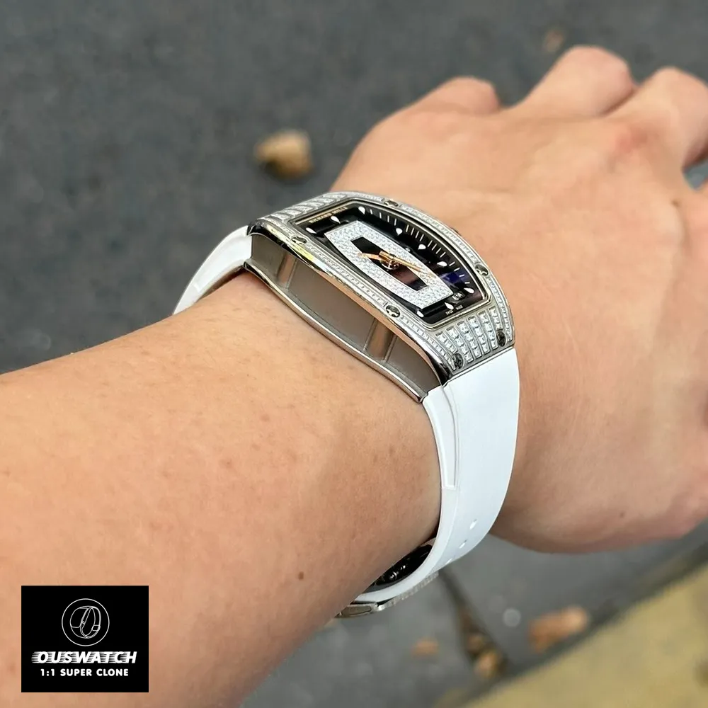 On‑wrist display of the Richard Mille RM 07‑01, highlighting the Super Clone iced out diamond bezel and elegant silhouette.