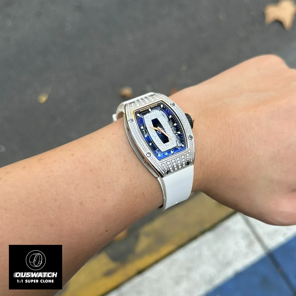Distance wrist shot of the Richard Mille RM 07‑01, showing the overall iced out watches aesthetic of this ladies’ replica at a glance.