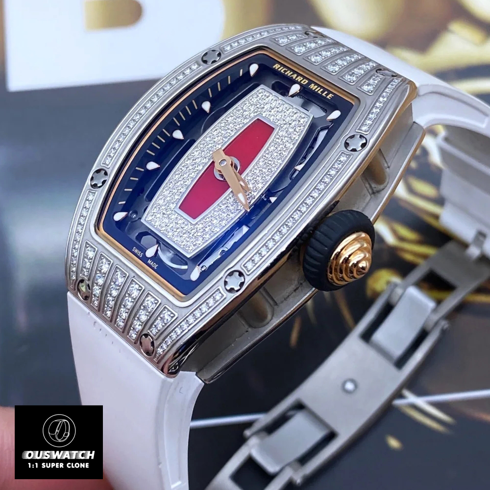 Close-up of the Richard Mille RM 07-01 case craftsmanship and crown detail, showcasing the superior quality of this replica watch.