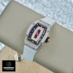 75-degree angled front view of the Richard Mille RM 07-01 Diamond Watch, revealing detailed iced out features and bold design