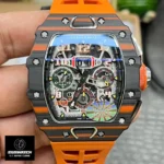 Front view of the Richard Mille RM 11‑03 Flyback Chronograph Replica, highlighting its skeletonised dial, vibrant accents, and precise Super Clone detailing