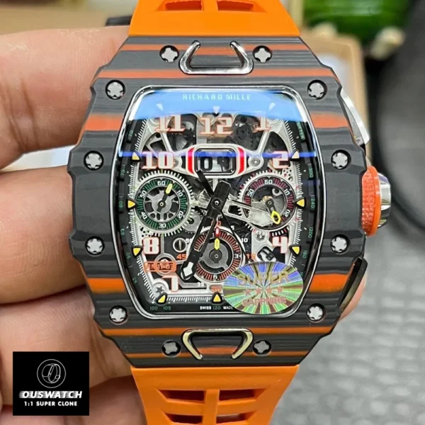 Front view of the Richard Mille RM 11‑03 Flyback Chronograph Replica, highlighting its skeletonised dial, vibrant accents, and precise Super Clone detailing