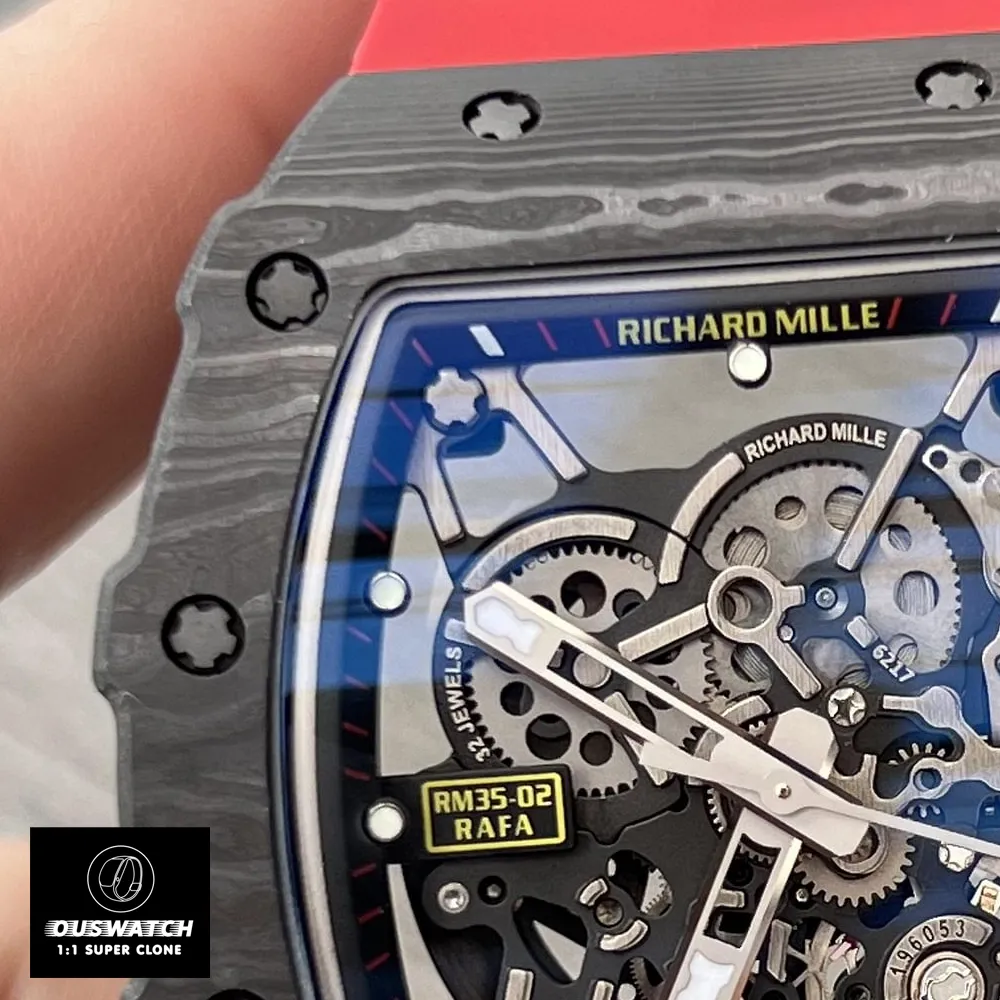 Detail view of the black Carbon TPT case of the Richard Mille RM 35-02.