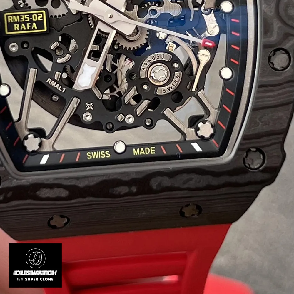 Partial view of the dial and case of the Richard Mille Rafael Nadal watch
