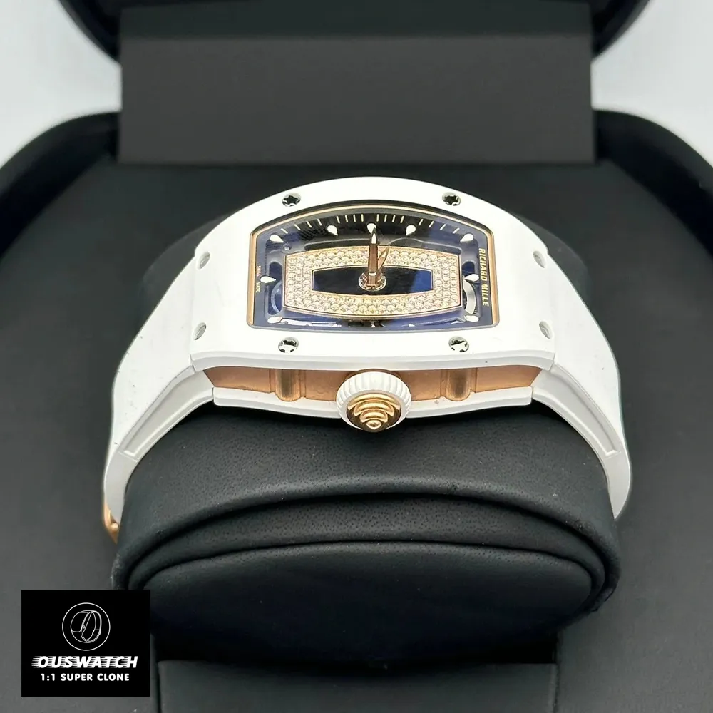 Horizontal side profile of the RM 07‑01 ceramic case and crown, highlighting the precise replica iced out watch craftsmanship.