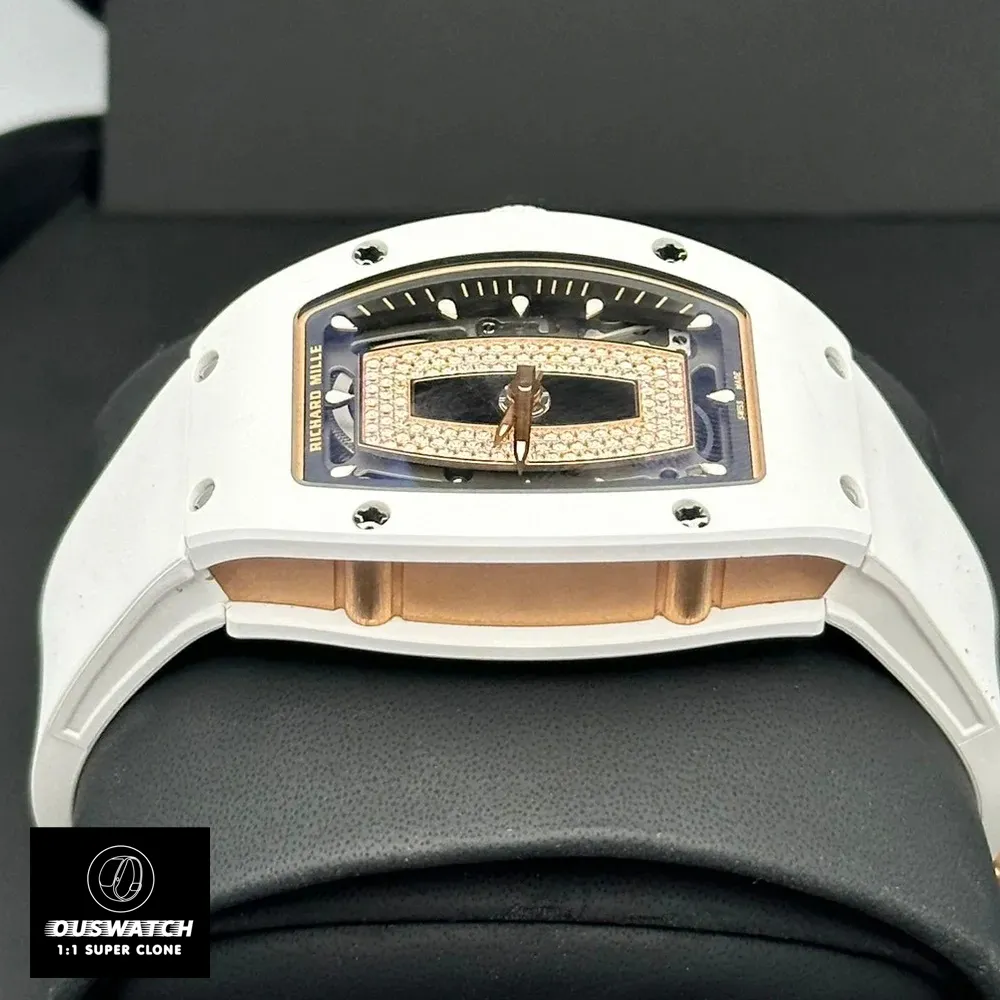 Horizontal view of the Richard Mille RM 07-01 replica watch with rose gold case accents, contrasting against white ceramic for a bold aesthetic.