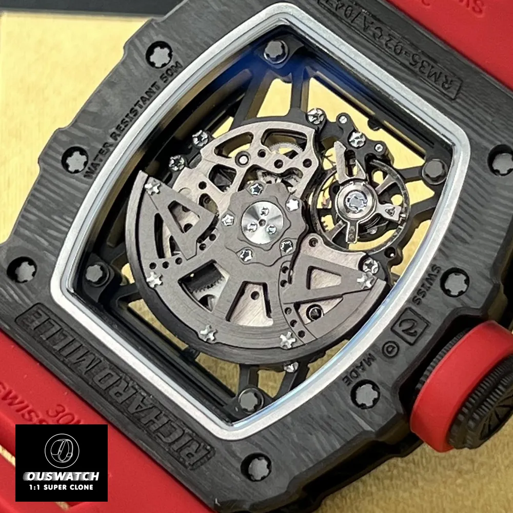 Close-up of the movement in a Super Clone Black Richard Mille watch.