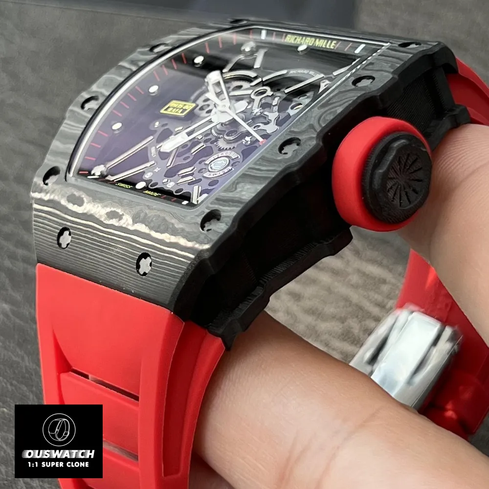 Replica Richard Mille watch showing the black TPT case and crown.