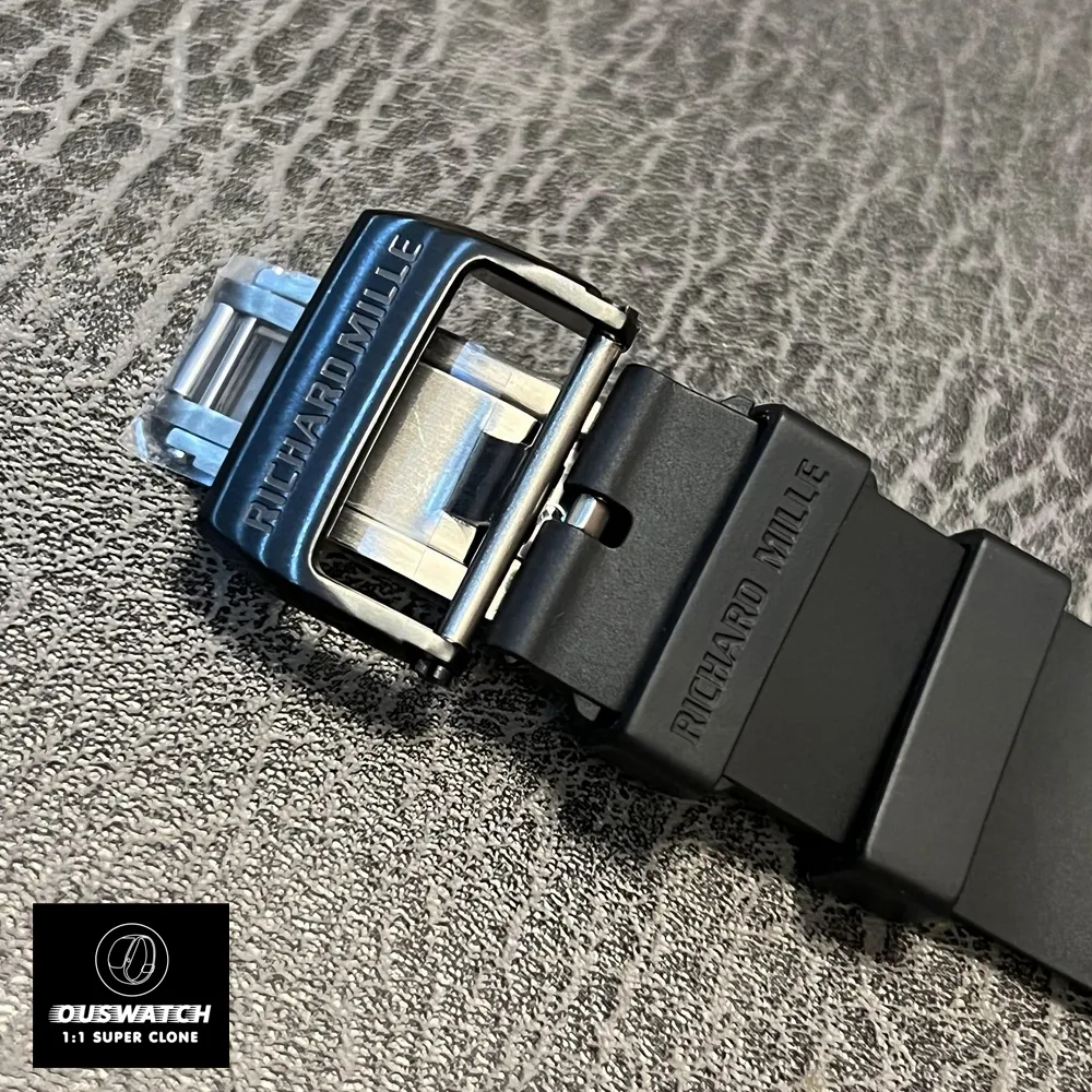 Black strap and stainless steel buckle of the Black Richard Mille RM 35-02 watch.