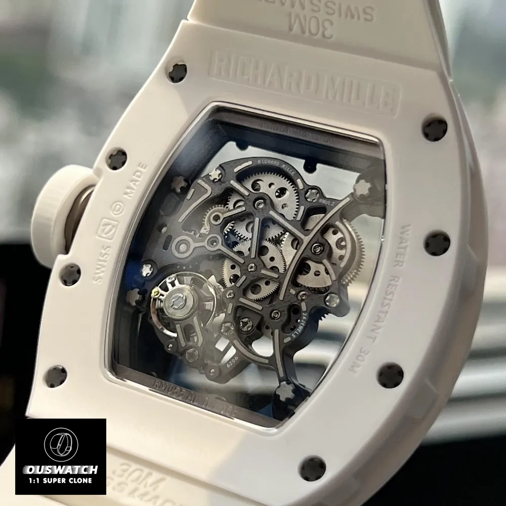 Detailed close-up of the movement in the Bubba Watson Richard Mille White watch, emphasizing the precision engineering and quality of the super clone.