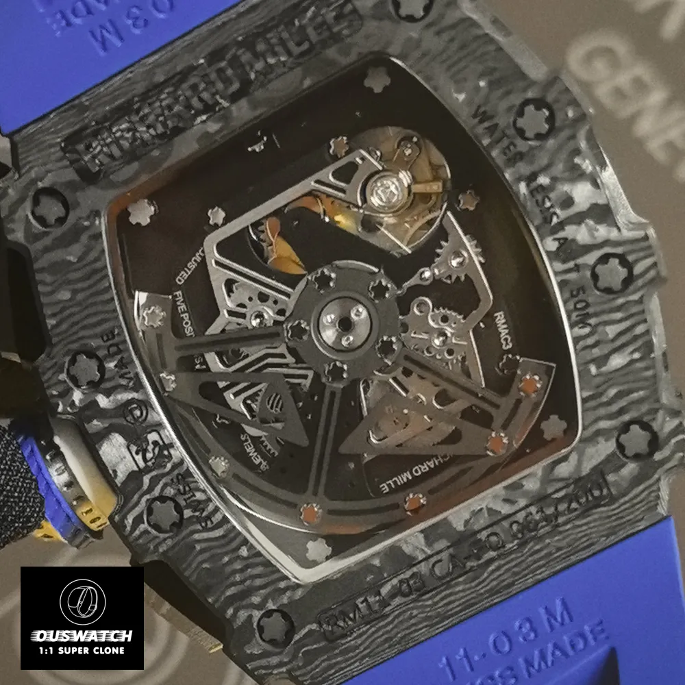 Close-up of the movement in the Richard Mille Blue Flyback Chronograph.