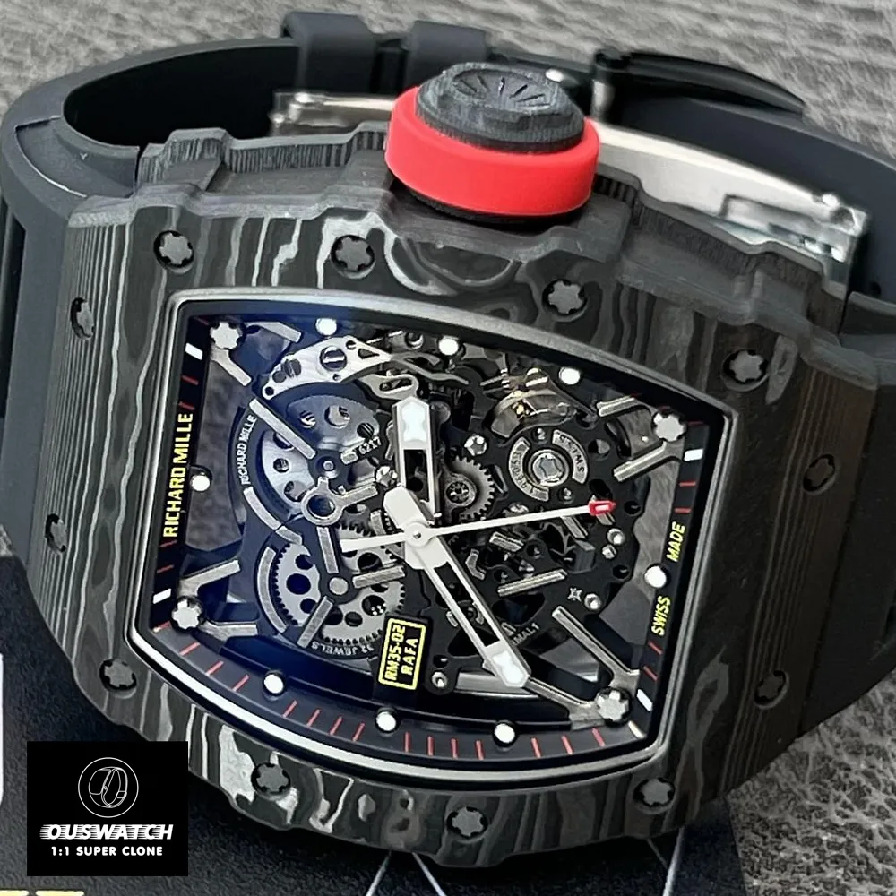 Macro Shot of Richard Mille RM 35-02 Black Skeleton Dial & Torque-Controlled Crown - Swiss Super Clone Movement