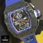 Macro Shot of Richard Mille RM 011 Blue Skeleton Dial - Swiss Super Clone Movement with 30-Minute Chronograph Subdial