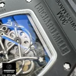 Detailed back view of the Richard Mille RM 055 featuring the engraved logo, representing authenticity and meticulous attention to detail.