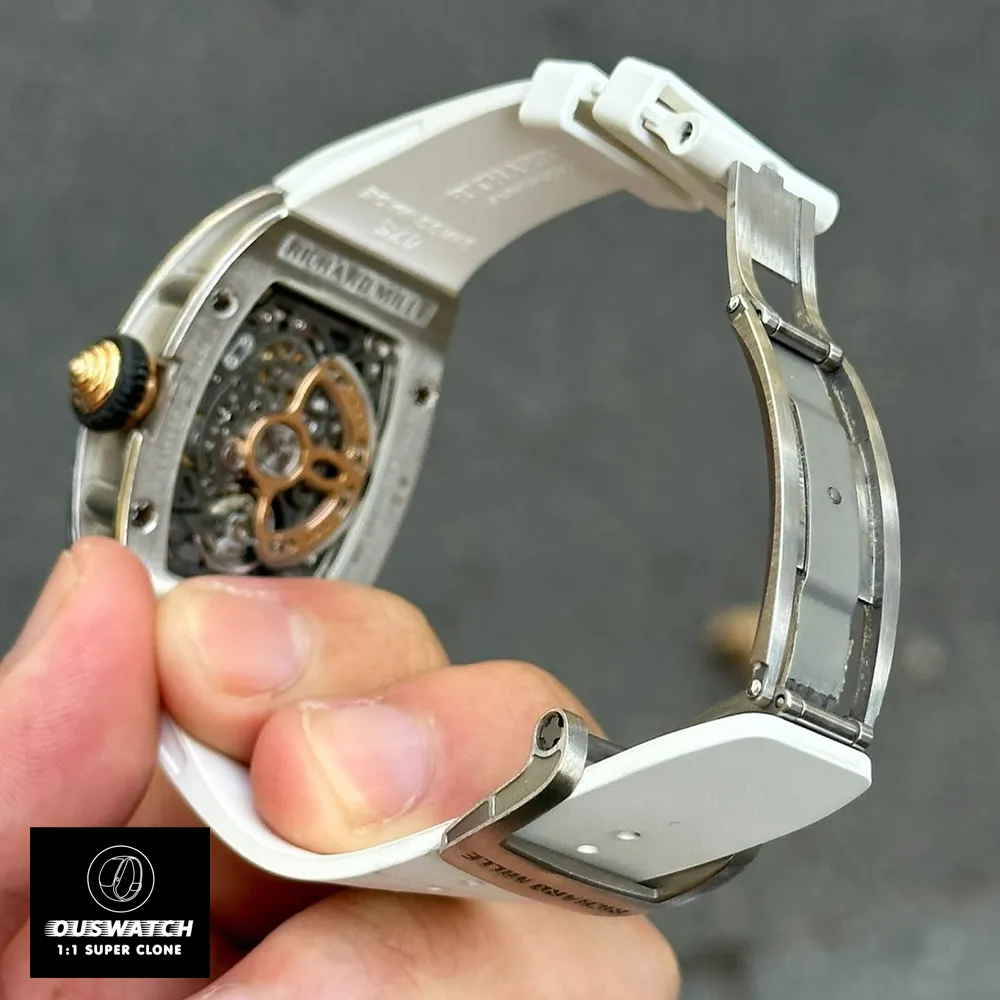 Close‑up of the clasp on the Richard Mille Ladies RM 07‑01, highlighting the polished fold‑over design of this iced out watch replica