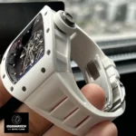 Replica Richard Mille RM055 with a white ceramic case and white rubber strap, merging modern elegance with classic design.