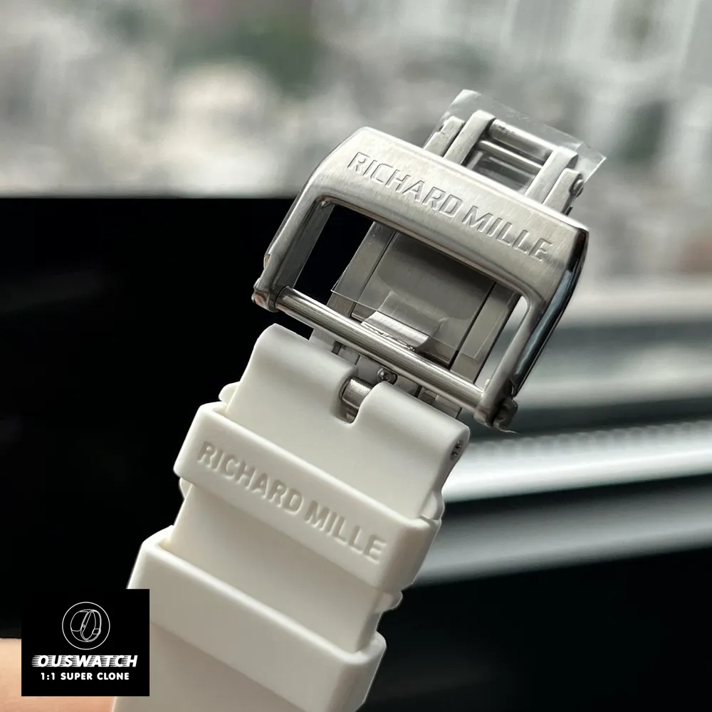 White Richard Mille RM055 watch featuring a premium strap, exemplifying the blend of style and comfort in its design.