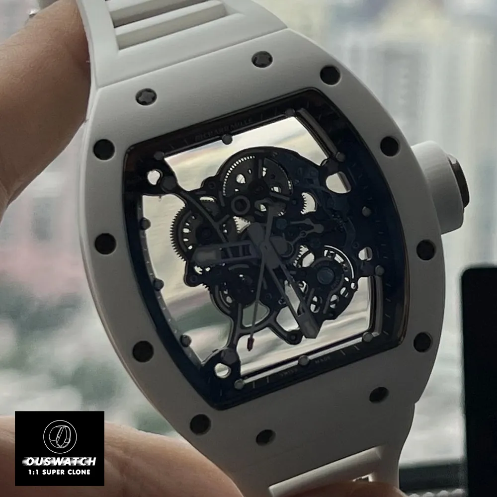 White Richard Mille RM055 watch featuring a transparent dial that reveals intricate inner workings and sophisticated design.