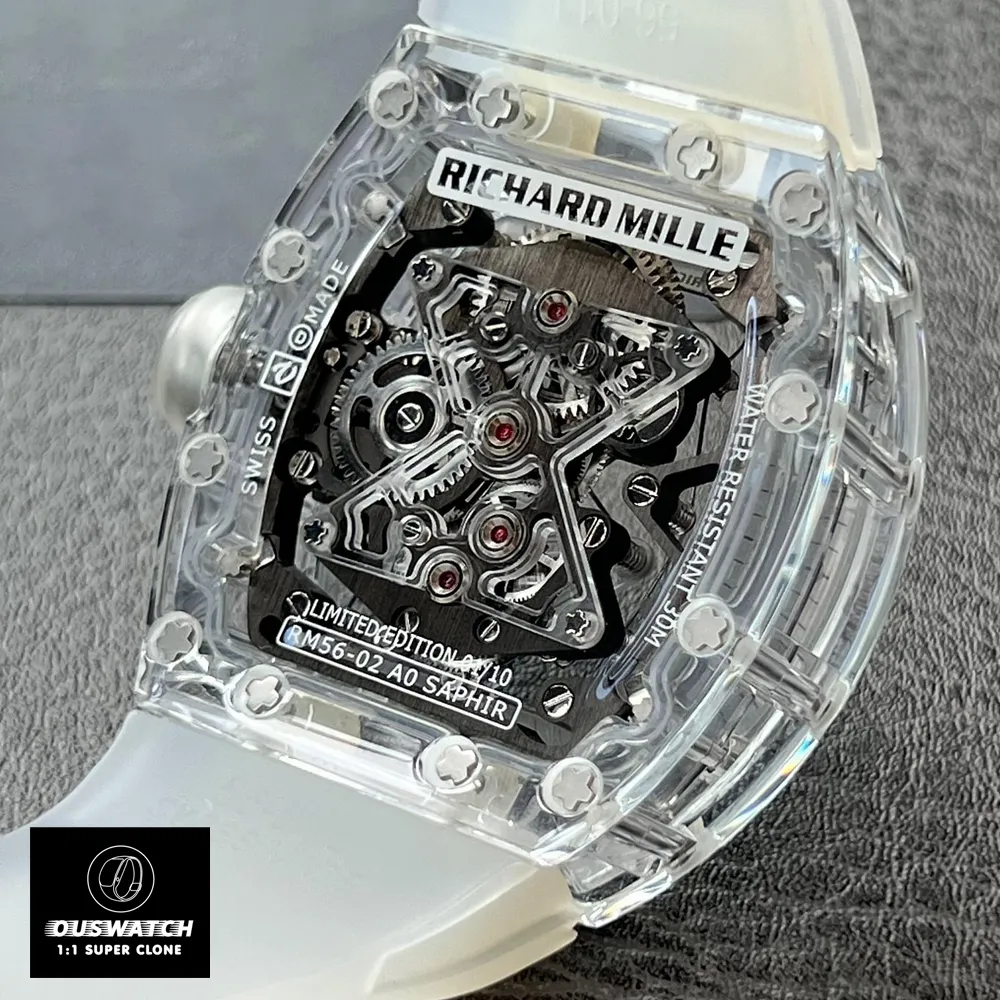 Close-up of the back of the RM56-02 Sapphire Tourbillon watch.