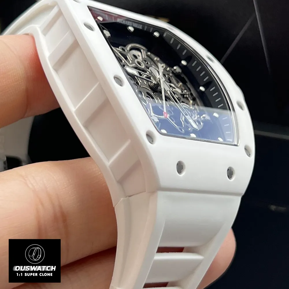 Super Clone Richard Mille RM055 White Ceramic watch case close-up, highlighting its flawless replication and high-quality construction.