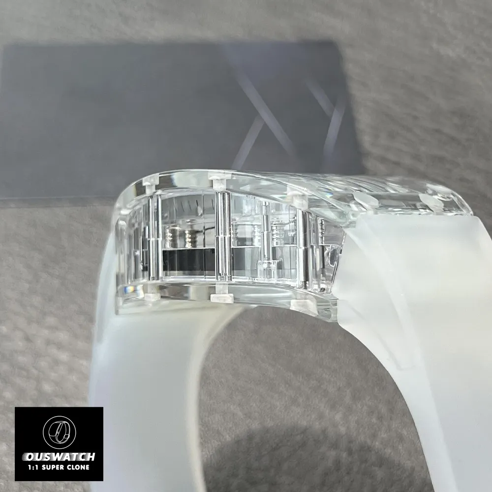 Close-up of the white Richard Mille Sapphire watch case.