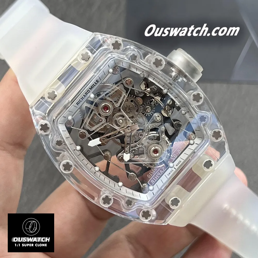White Richard Mille Sapphire watch with a transparent case and rubber strap.