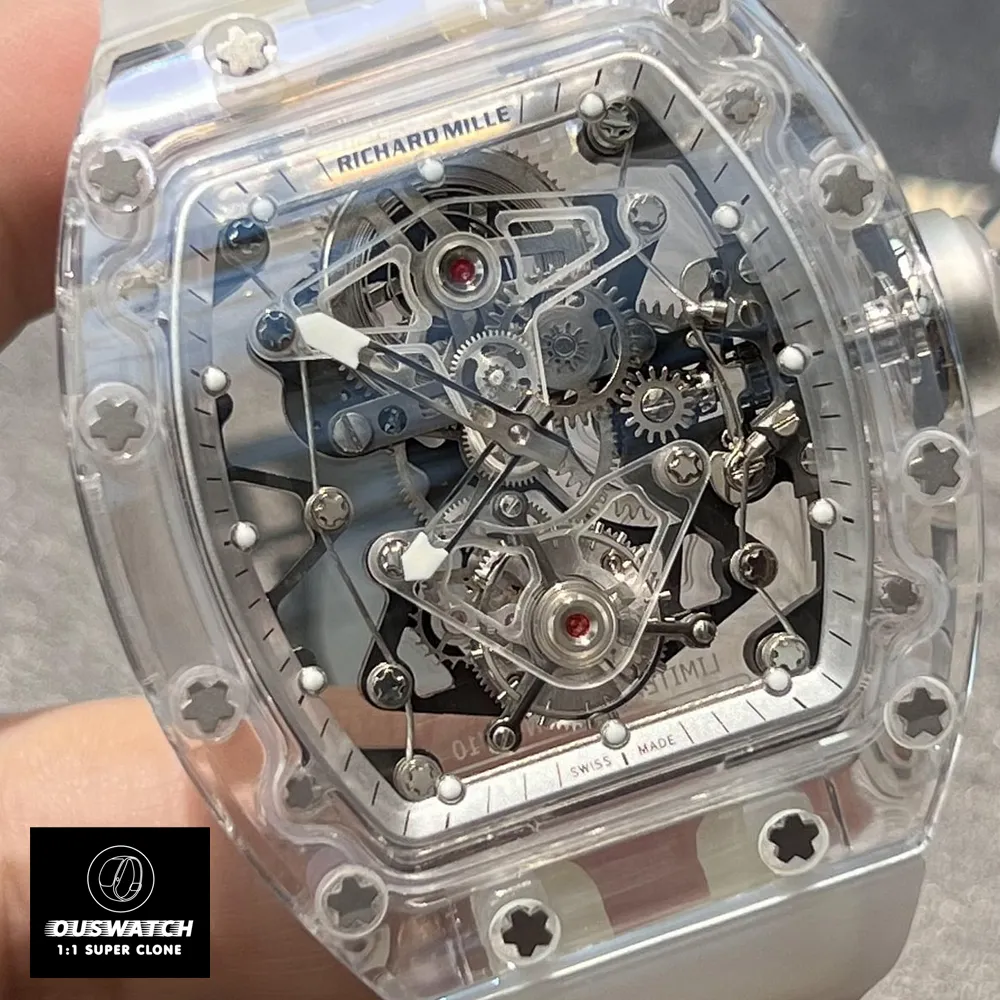 Close-up of the white Richard Mille skeleton dial