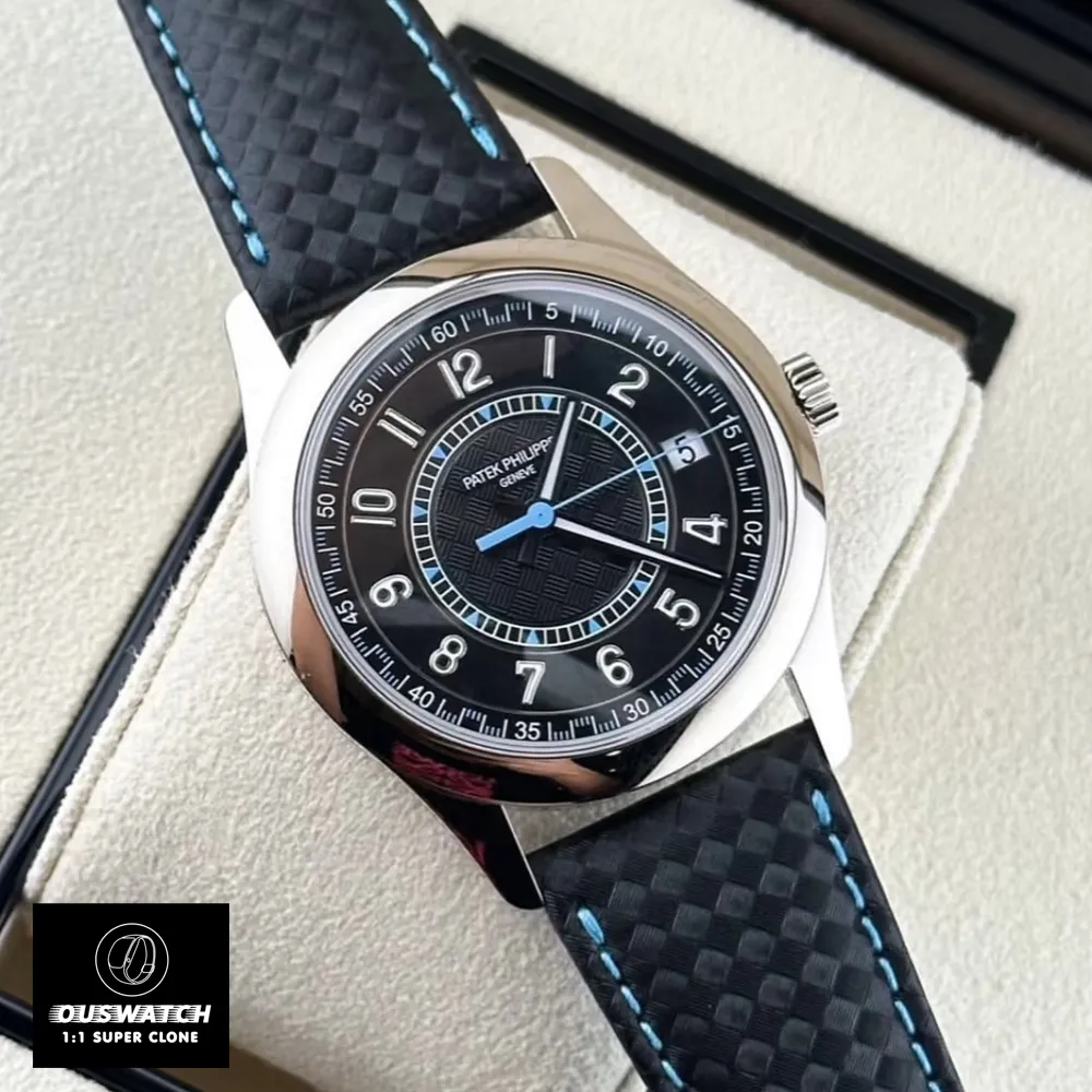 120-degree angled view of the Patek Calatrava 6007G-011, emphasizing the carbon fiber dial texture and color-matched blue stitching on the strap.