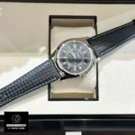 45-degree angled shot of the Patek Calatrava 6007G-011 in its box, emphasizing the case’s mirror polish and dial clarity.