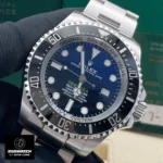 75-degree angle view of Rolex Deepsea 136660 Super Clone's D-Blue gradient dial. Focuses on the color transition and luminous readability.