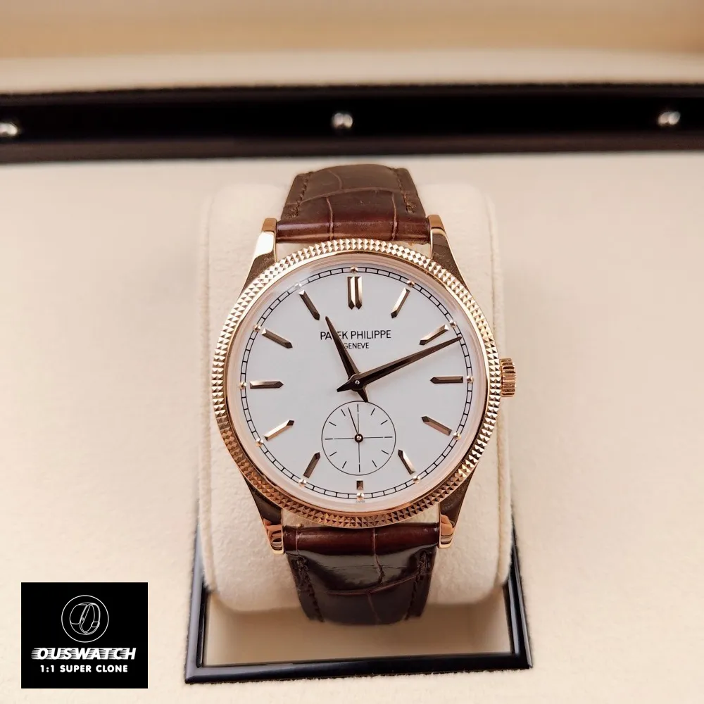Front view of Patek Philippe Calatrava 6119R-001 rose gold replica watch inside premium packaging.