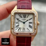 Front display of the Cartier Santos Dumont WJSA0017 watch, featuring a rose gold case, silvered sunray dial, and Roman numeral hour markers.