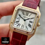 Cartier Santos Dumont Small WJSA0017 watch showcased at a 75-degree angle, emphasizing its slim profile and diamond-set bezel.