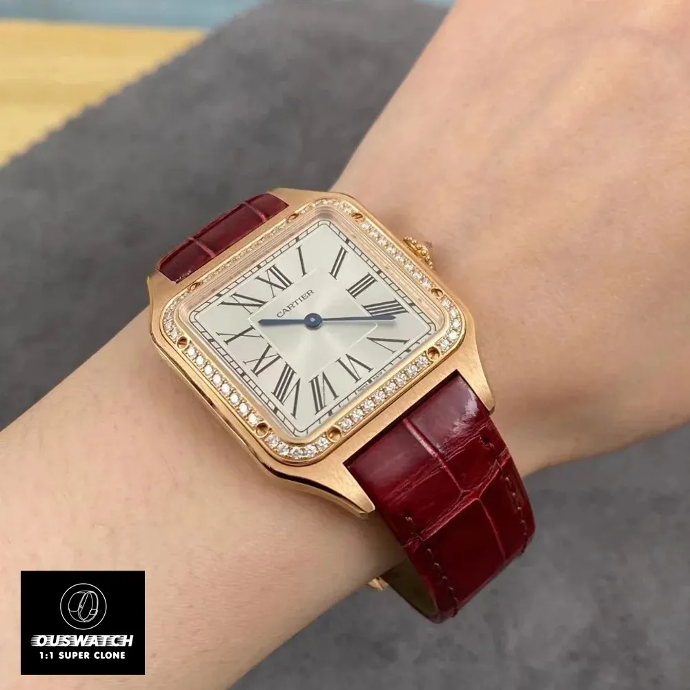 Cartier Santos Dumont WJSA0017 watch displayed on a woman's wrist, emphasizing the elegance of its rose gold case and burgundy alligator leather strap.