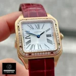 Overview of the Cartier Santos Dumont WJSA0017 watch, presenting its classic square case and luxurious design elements.