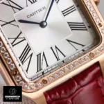 Detailed view of Cartier Santos WJSA0017 bezel set with 44 brilliant-cut diamonds (0.53ct total) and sapphire crystal protection