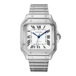 Front view of the Cartier Santos Medium 35 mm WSSA0029 Super Clone watch with stainless steel strap and white dial