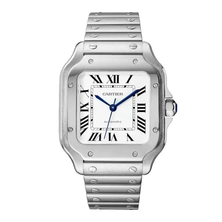 Cartier-Santos-Medium-WSSA0029-Super-Clone-35mm-Stainless-Steel-White-Background Front view of the Cartier Santos Medium 35 mm WSSA0029 Super Clone watch with stainless steel strap and white dial