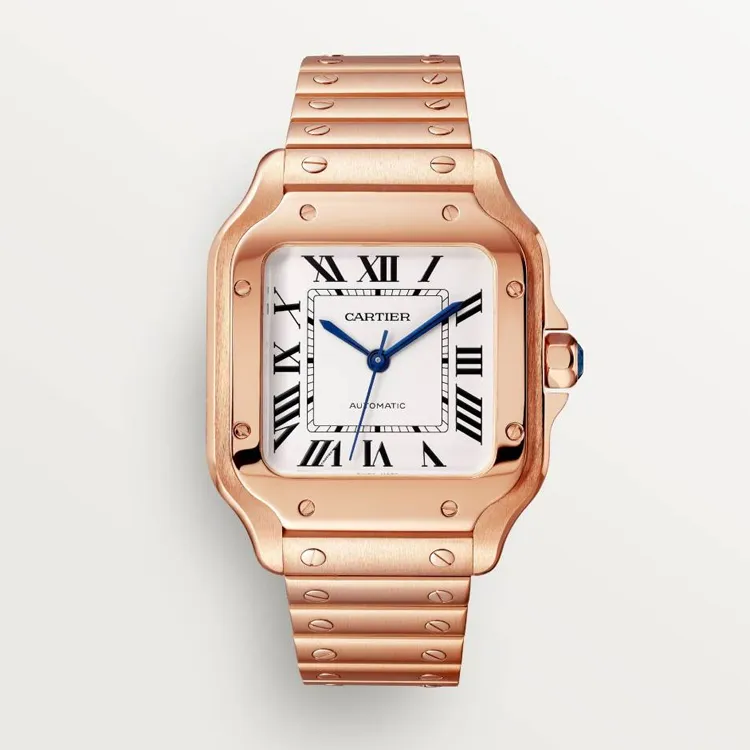 Cartier Santos Rose Gold 35mm Mens Super Clone WGSA0031 Watch Front view of the Cartier Santos 35 mm WGSA0031 Super Clone watch in 18 K rose gold with a silvered opaline dial