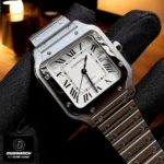 Cartier Santos WSSA0029 Super Clone displayed at a 120° angle, showcasing its steel case and signature screw-set bezel