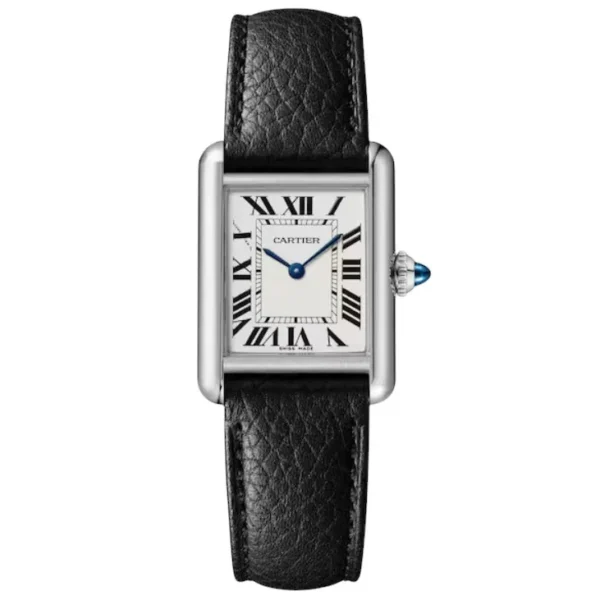 Cartier Tank Must Small WSTA0042 women's quartz watch with silver dial, blue steel hands, and black grained calfskin strap on white background.