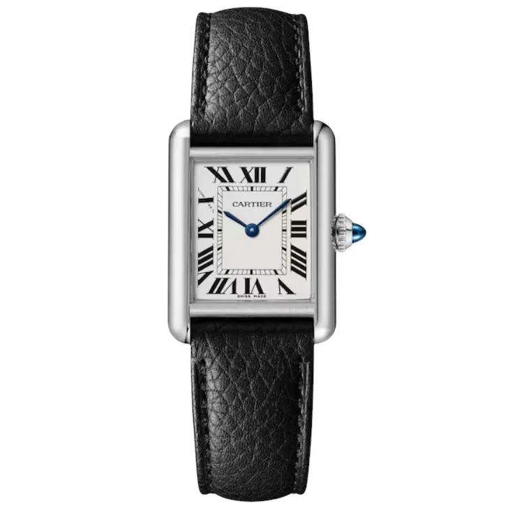 Cartier Tank Must Small WSTA0042 women's quartz watch with silver dial, blue steel hands, and black grained calfskin strap on white background.