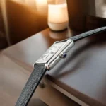 Side profile of Cartier Tank Must WSTA0042, displaying streamlined case curvature and cabochon synthetic spinel-embedded fluted crown.