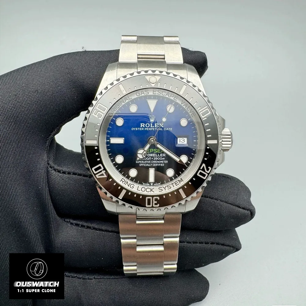 Front view of Rolex Deepsea 136660 Super Clone with D-Blue gradient dial transitioning from bright blue to black, featuring luminous hour markers and green "DEEPSEA" text.
