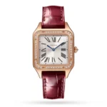 Cartier Santos Dumont Iced Out Women's Watch in 18K Rose Gold with Diamond Bezel, displayed on a white background for product visualization